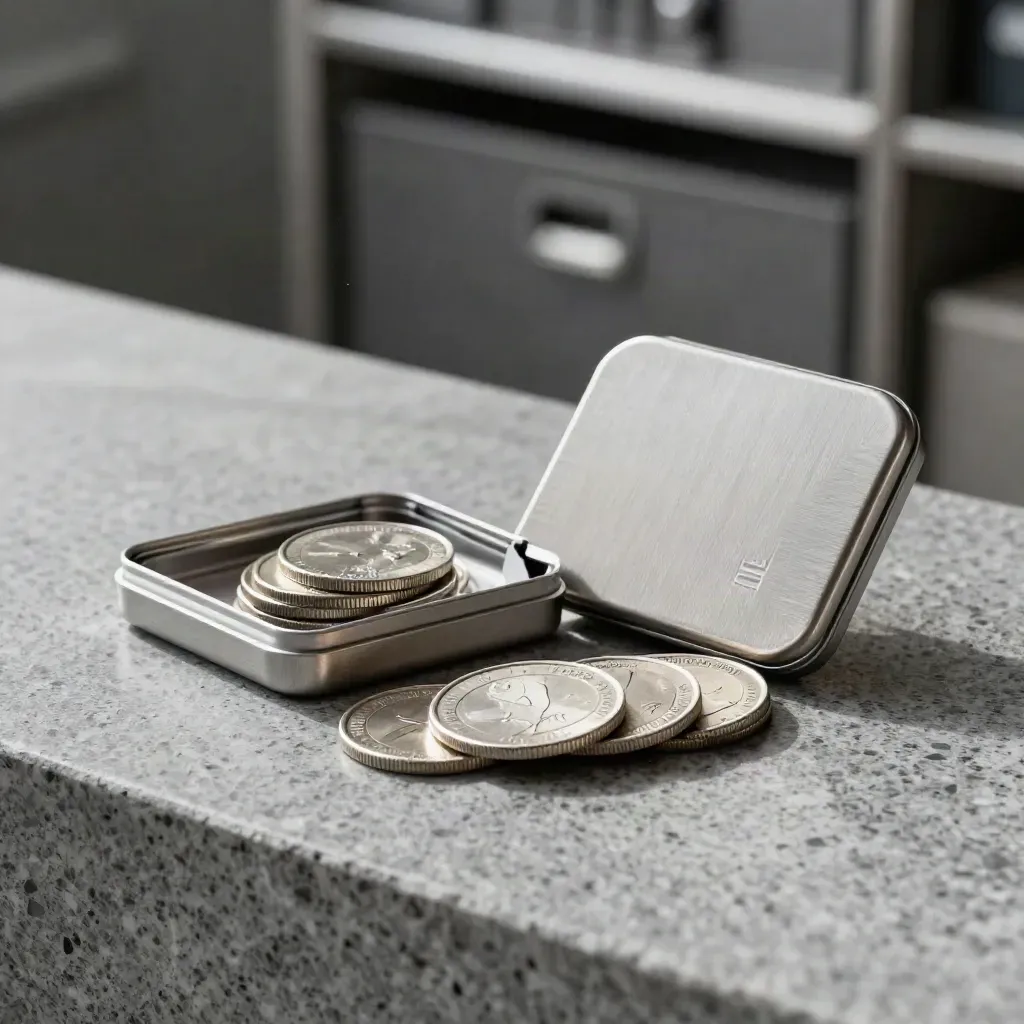 Five silver coins and a half-open storage case on travertine in soft vault light.