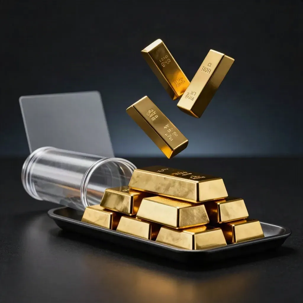 Clear tube of gold bars mid-release on a dark tray with two loose bars and a faint navy glow.