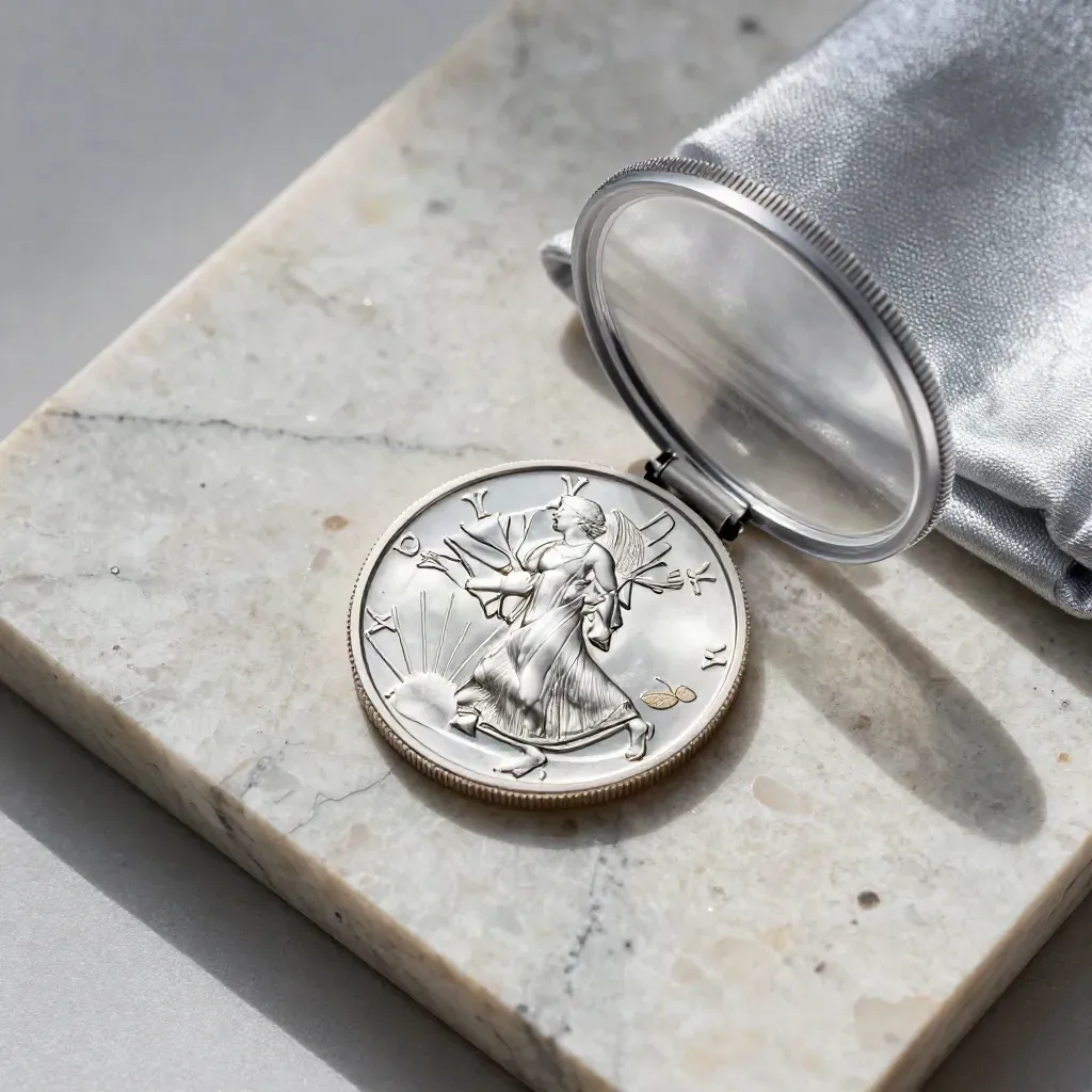 Overhead silver eagle coin partly opened in capsule with cloth on pale travertine.