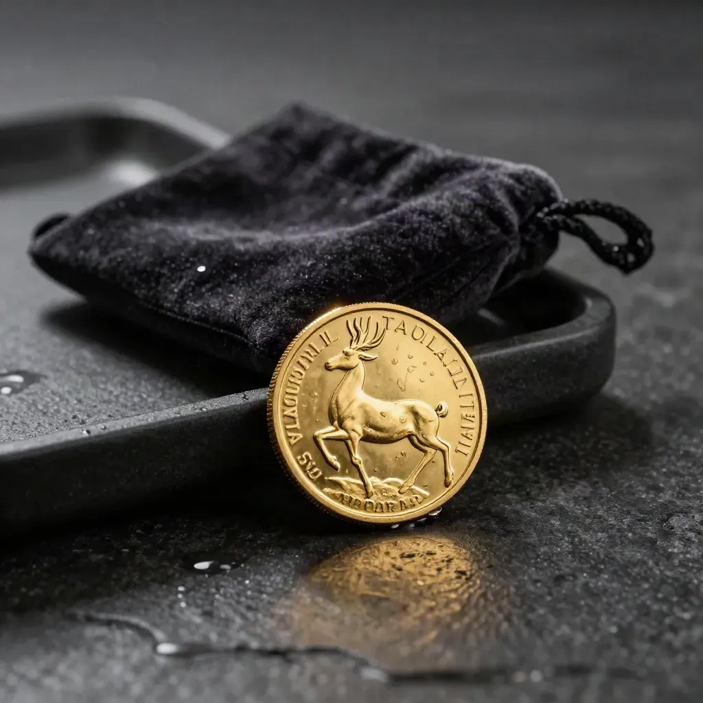 Gold bullion coin on wet dark stone with black tray and velvet pouch, warm raking light