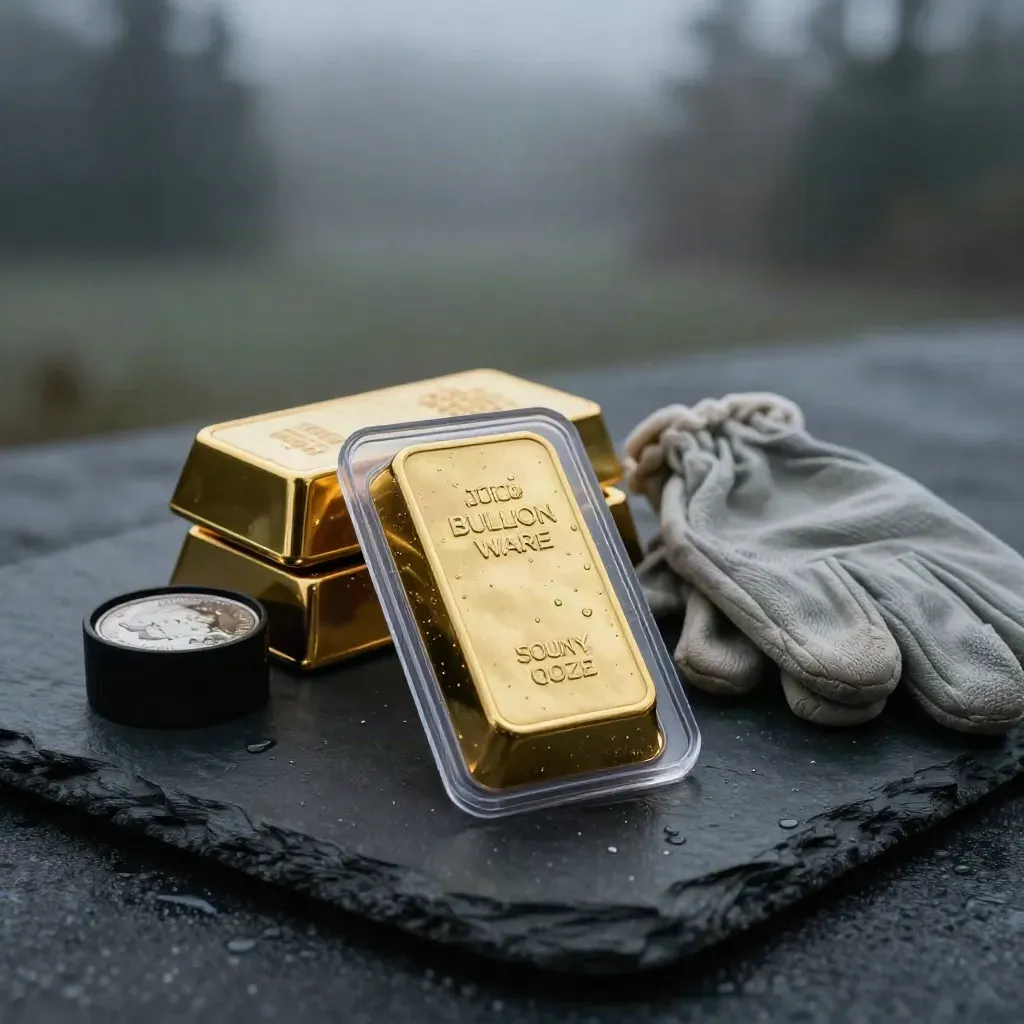 Gold bar in assay sleeve with stacked bars, coin capsule and gloves on rain-beaded slate at dawn.