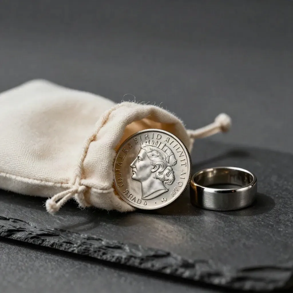 Silver coin beside a cotton pouch and steel ring on a slate ledge