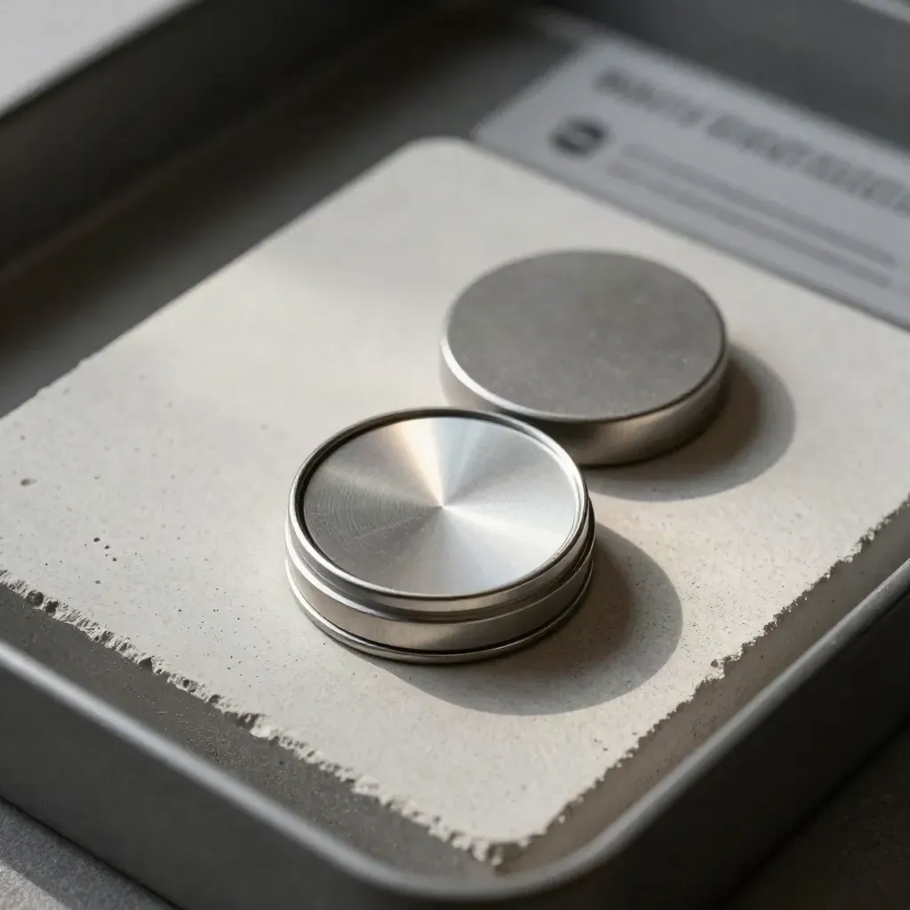 Platinum round in capsule on pale concrete plinth with soft light and drifting dust