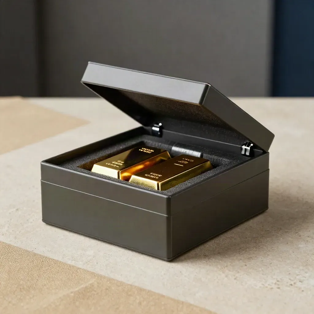 Open bullion storage box with gold bars, tube, and foam insert on a stone surface.