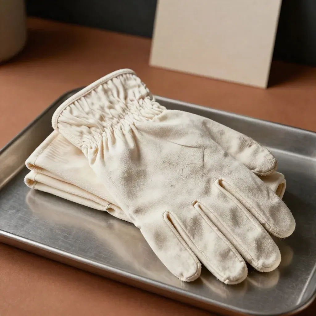 Three cream cotton bullion gloves stacked on a terracotta surface beside a silver tray edge.