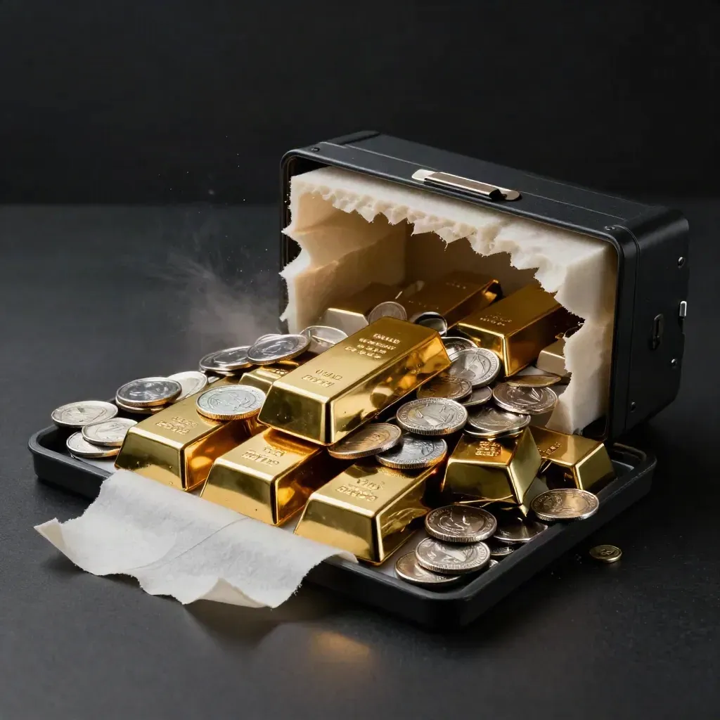 Open bullion bundle with gold bars, silver coins, foam and secure case spilling from a dark tray.
