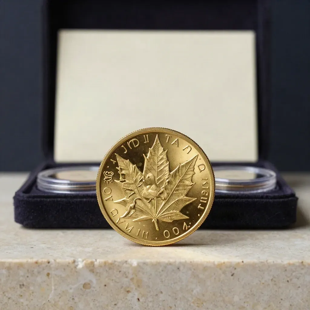 Gold Maple Leaf coin upright beside two capsules on a velvet tray in soft studio light.