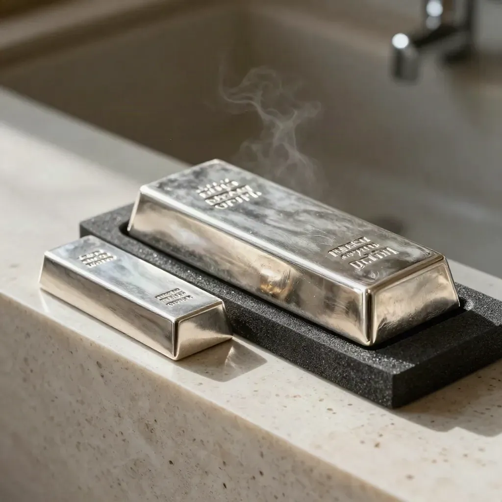 Silver bullion bar settling into foam insert beside two smaller bars on pale stone.
