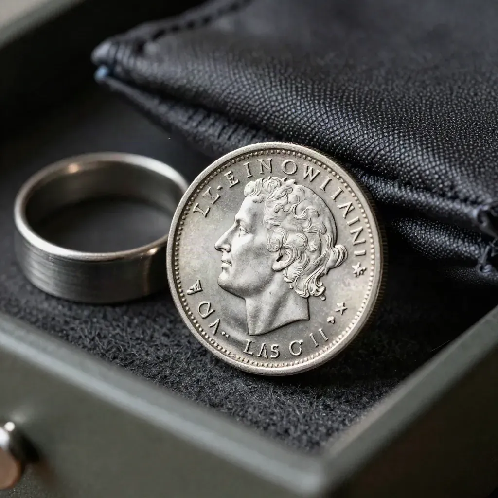 Platinum coin, steel ring and graphite pouch in an extreme macro bullion close-up