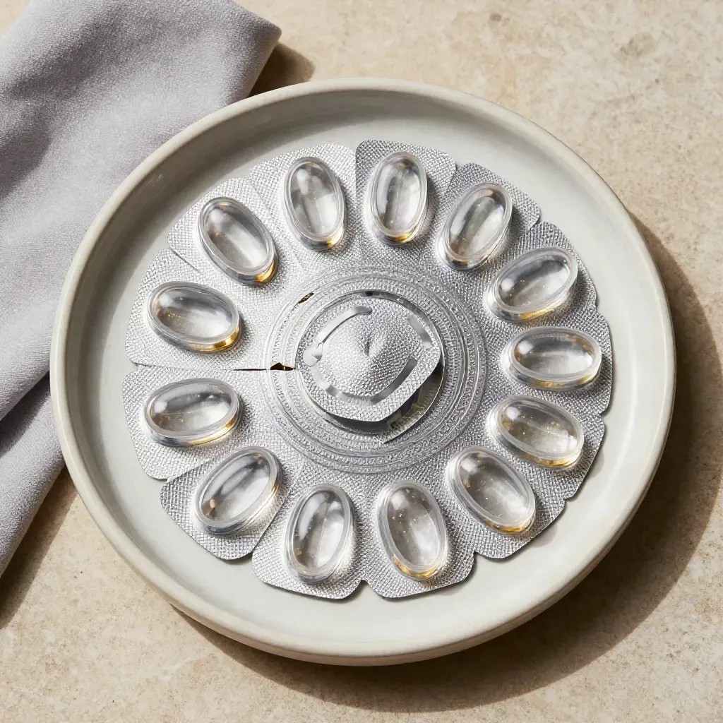 Overhead flatlay of clear coin capsules, two open, a microfiber cloth, and a pale tray on stone.