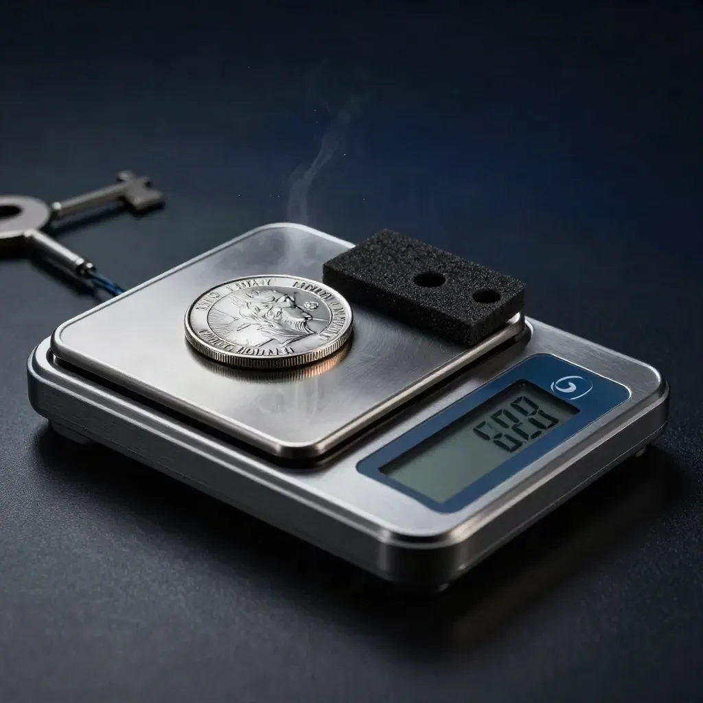 Dark digital coin scale beside a silver round and foam insert on a matte-black surface.