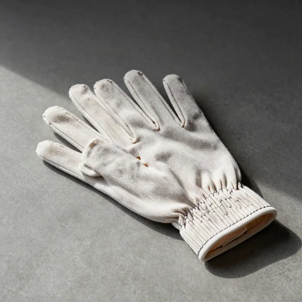 Three light cotton gloves fanned over charcoal card stock, one open to show the weave, with a folded cloth.