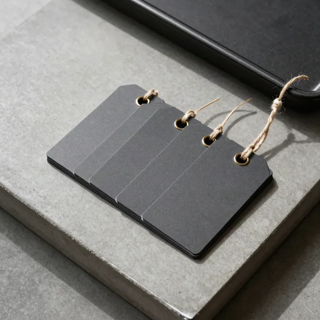 Overhead stack of blank vault seal tags on concrete with twine and a dark tray edge