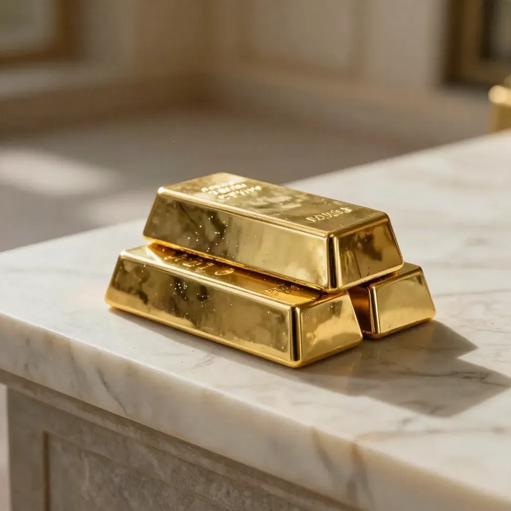 Gold bullion bars stacked on marble with soft raking light and calm copy space.