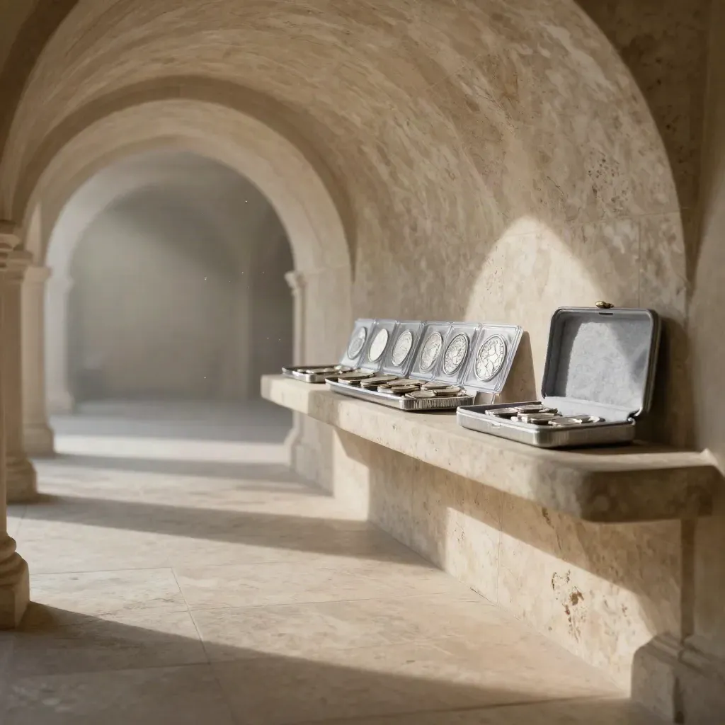 Sunlit travertine arcade with silver coins catching cool highlights above a calm stone floor.