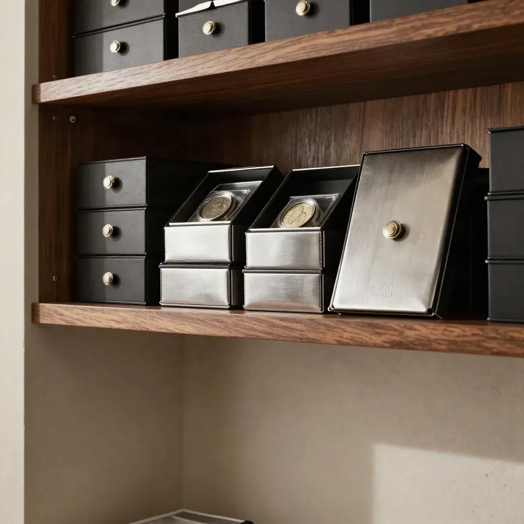 Vault shelf with bullion storage boxes and sleeves lit by side beam, calm copy space below.