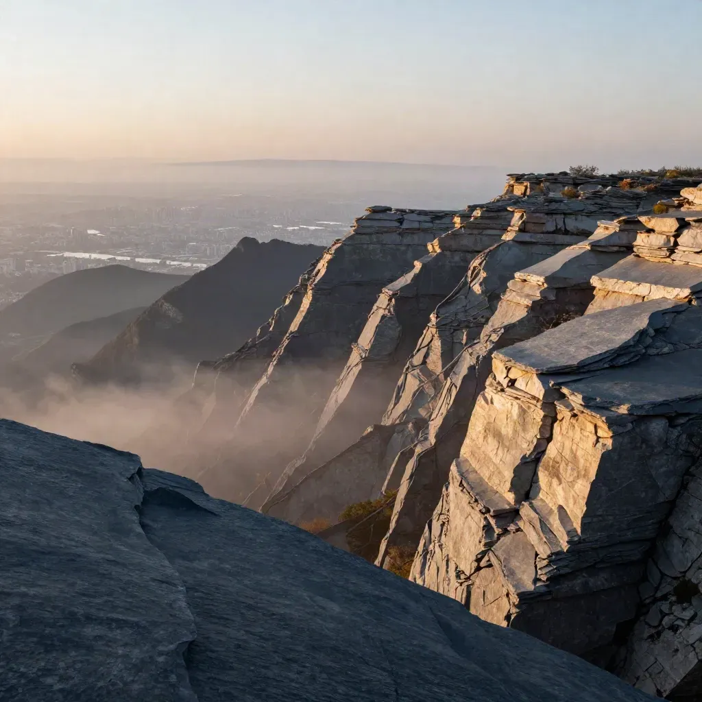 Golden dawn ridge overlook with mist, slate hills, and a faint city grid beyond.